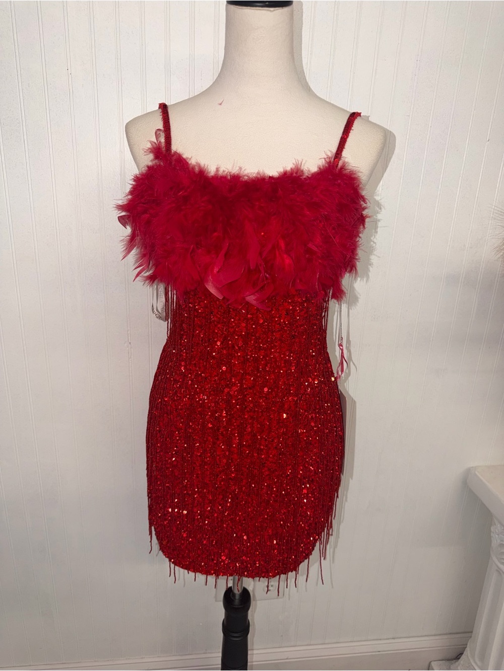 Rachel Allan Red Sequin Fringe Cocktail Dress